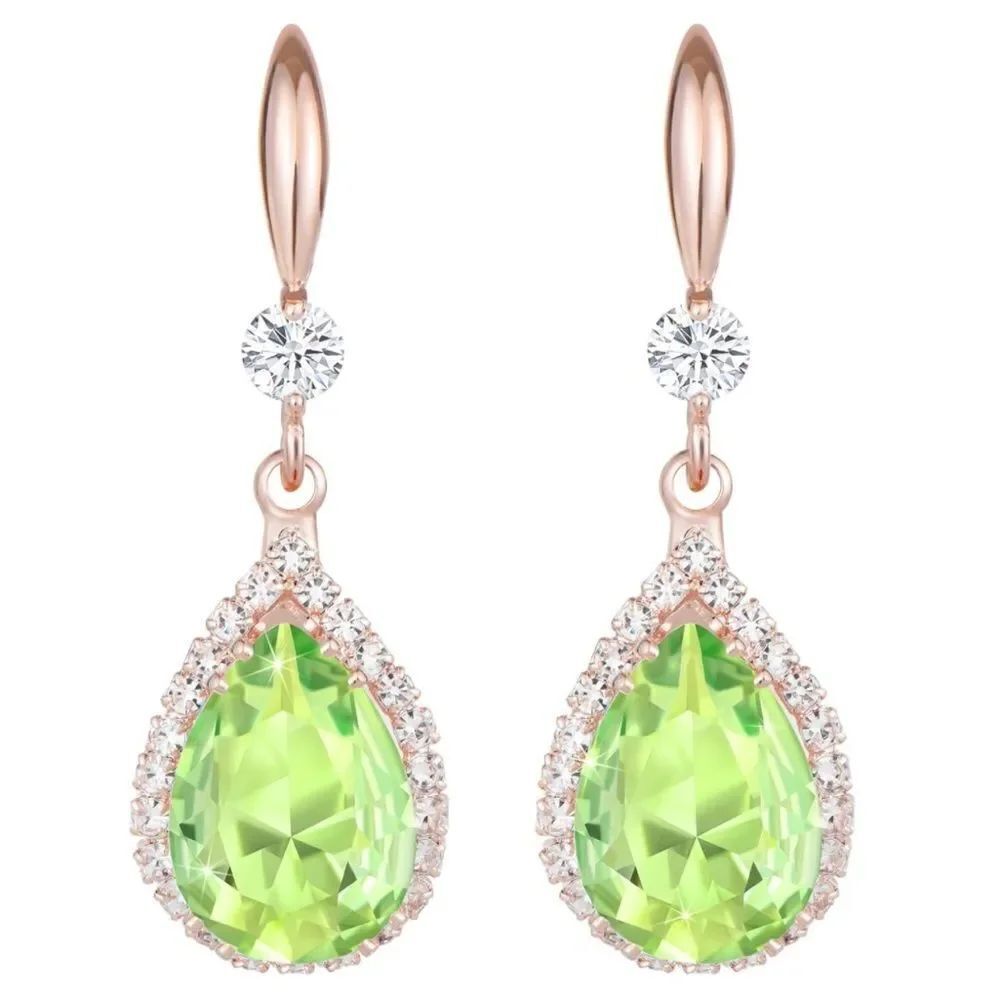 14K Rose Gold with Peridot Green Cubic Zirconia Teardrop Hook Dangling Earrings